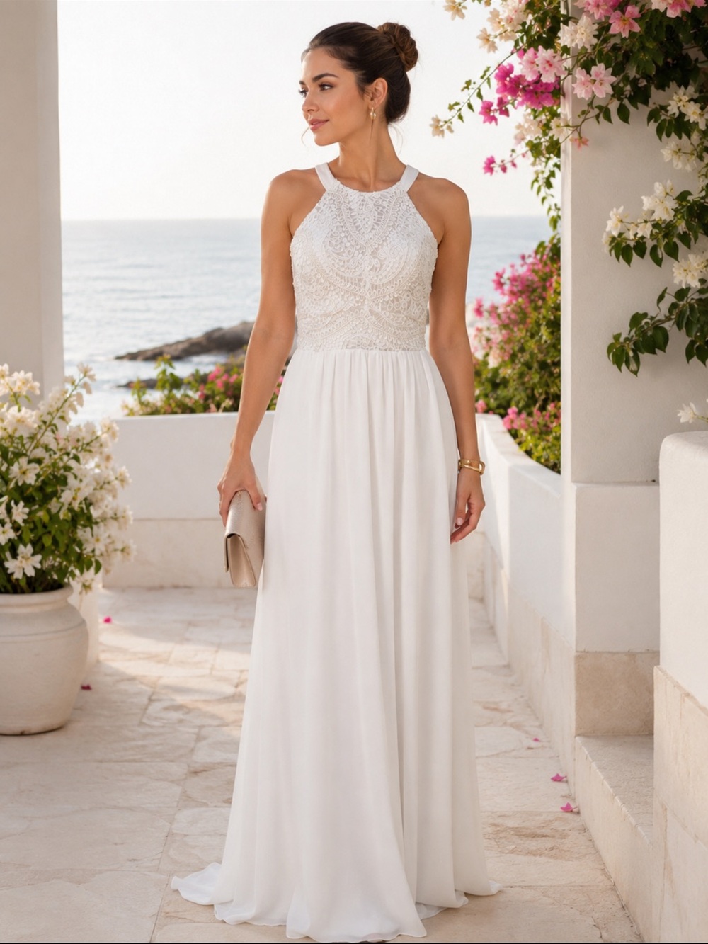 Lulus White Lace Bodice Chiffon Maxi Dress Bridal Wedding Size L NWT